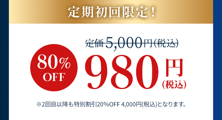 定期初回限定80％OFF 税込980円 2回目以降も特別割引20%OFF 税込4,000円となります