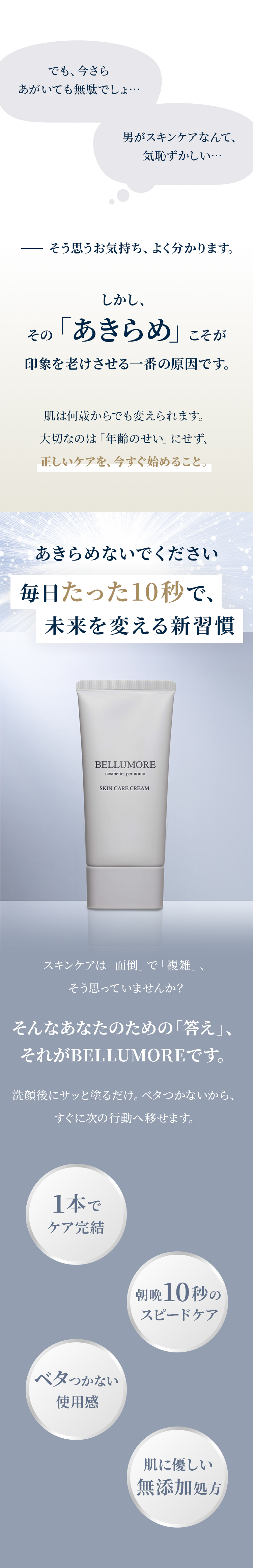 メンズスキンケアは1日10秒。BELLUMOREならシワ改善・シミ予防を1本で完結