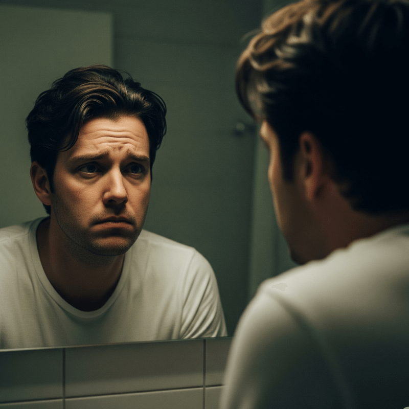 鏡を見て自身の肌に悩む男性