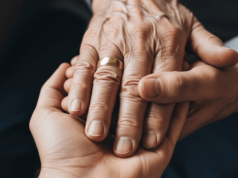 温かく手を重ねるシニア男性と若い男性の手。