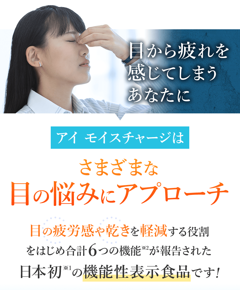 目から疲れを感じてしまうあなたに アイ モイスチャージはさまざまな目の悩みにアプローチ 目の疲労感や乾きを軽減する役割をはじめ合計6つの機能※2が報告された日本初※1の機能性表示食品です！