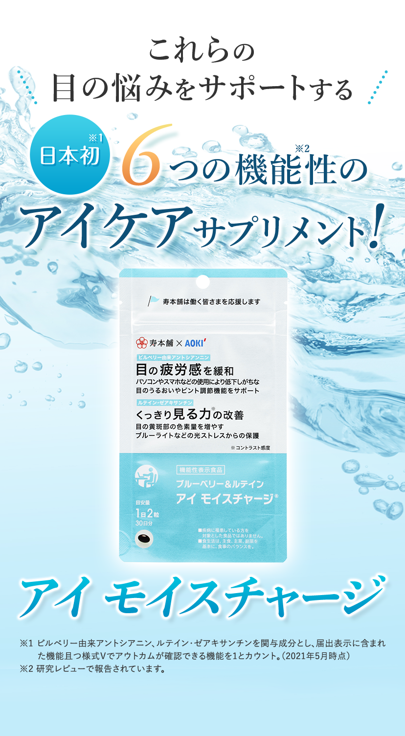 これらの目の悩みをサポートする 日本初※1 6つの機能性※2のアイケアサプリメント！ ※1 ビルベリー由来アントシアニン、ルテイン・ゼアキサンチンを関与成分とし、届出表示に含まれた機能且つ様式Ⅴでアウトカムが確認できる機能を1とカウント。（2021年5月時点） ※2 研究レビューで報告されています。