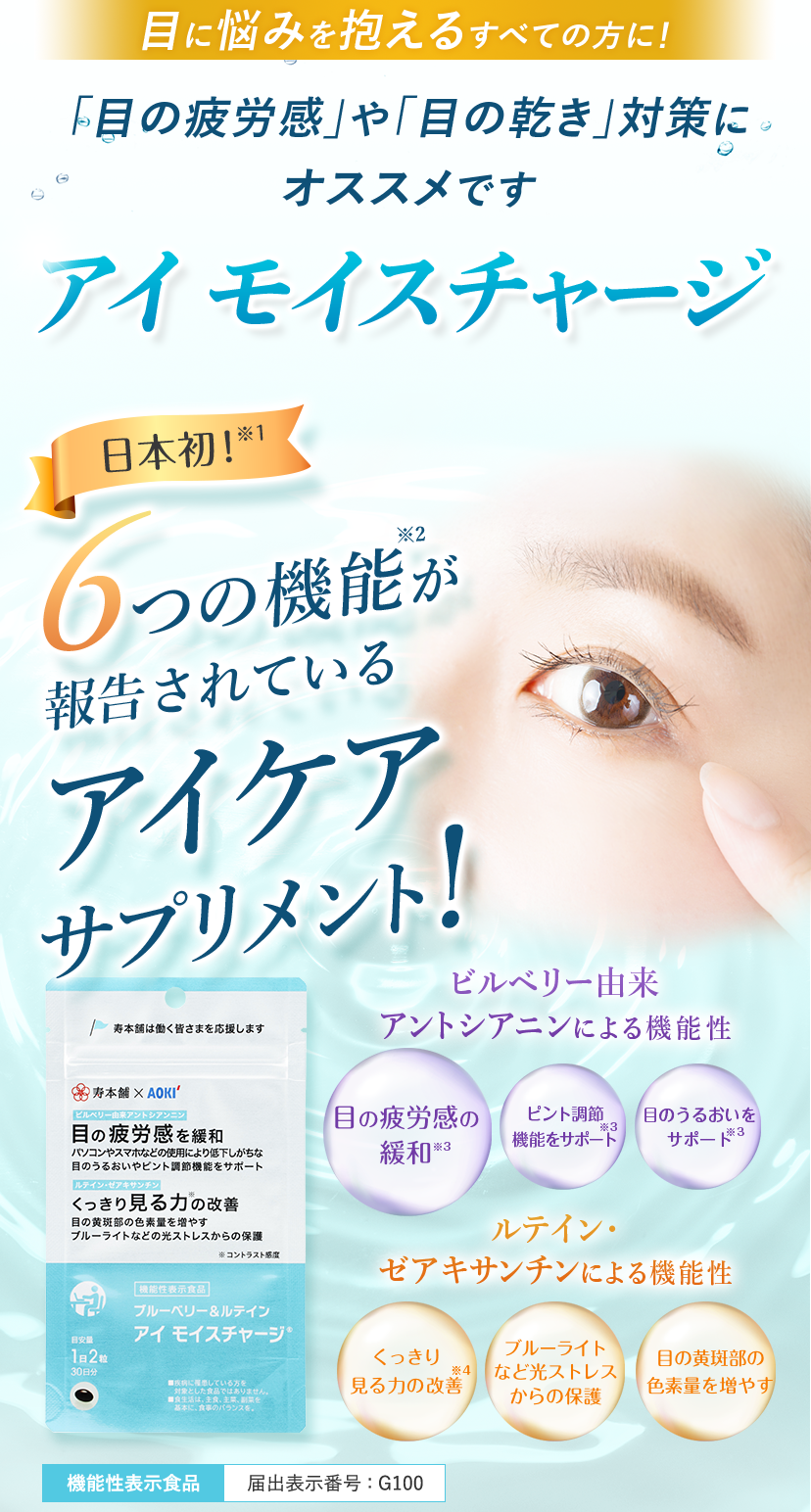 目に悩みを抱えるすべての方に！「目の疲労感」や「目の乾き」対策にオススメです アイ モイスチャージ 日本初!※1 6つの機能が報告されているアイケアサプリメント! [機能性表示食品]届出表示番号:G100