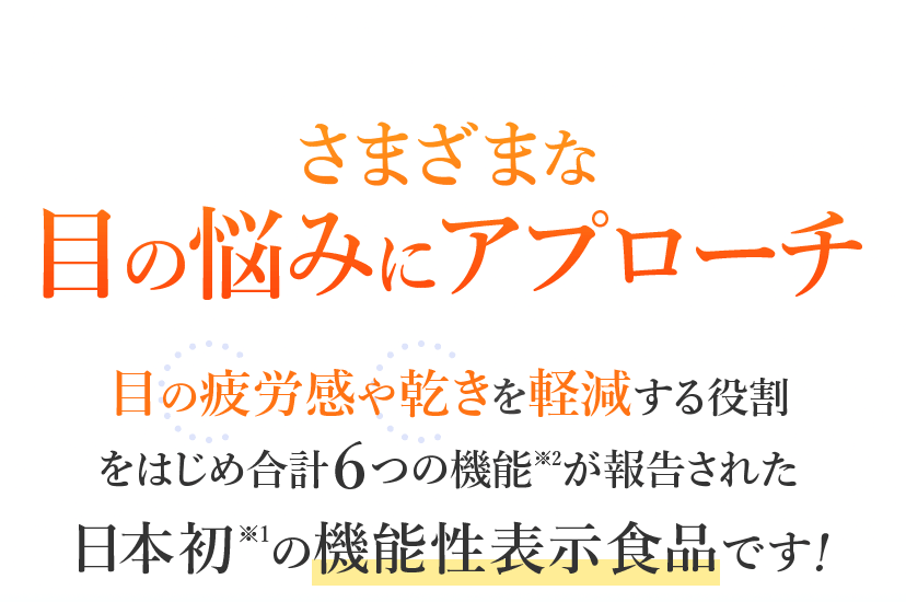 さまざまな目の悩みにアプローチ 目の疲労感や乾きを軽減する役割をはじめ合計6つの機能※2が報告された日本初※1の機能性表示食品です！