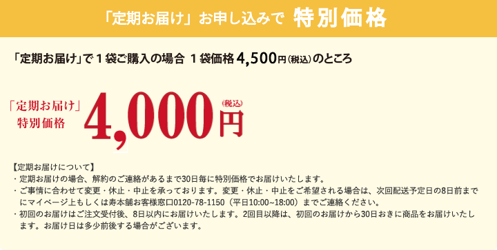 「定期お届け」お申し込みで20%OFF!! 特別価格 3,680円(税込) 【定期お届けについて】・定期お届けの場合、解約のご連絡があるまで30日毎に特別価格でお届けいたします。 ・ご事情に合わせて変更・休止・中止を承っております。変更・休止・中止をご希望される場合は、次回配送予定日の8日前までにマイページ上もしくは寿本舗お客様窓口0120-78-1150（平日10:00~18:00）までご連絡ください。 ・初回のお届けはご注文受付後、8日以内にお届けいたします。2回目以降は、初回のお届けから30日おきに商品をお届けいたします。お届け日は多少前後する場合がございます。