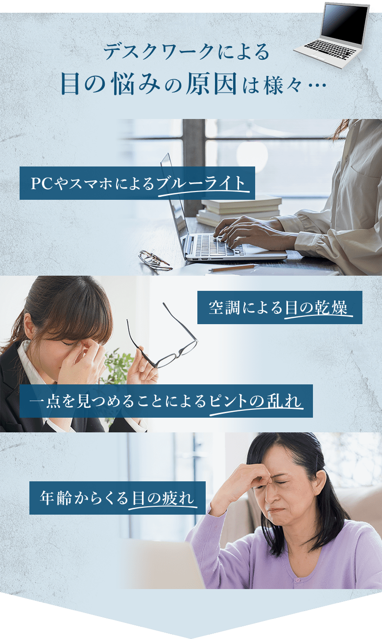 デスクワークによる目の悩みの原因は様々…PCやスマホによるブルーライト 空調による目の乾燥 一点を見つめることによるピントの乱れ 年齢からくる目の疲れ