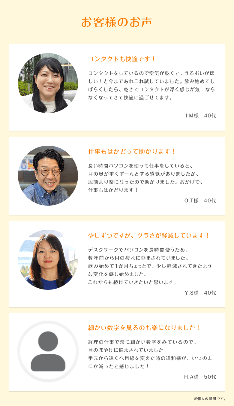 お客様のお声「コンタクトも快適です！」「仕事もはかどって助かります！」「少しずつですが、ツラさが軽減しています！」「細かい数字を見るのも楽になりました！」 ※個人の感想です。