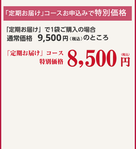 「定期お届け」コースお申込みで20%OFF!!「定期お届け」で1袋ご購入の場合 通常価格8,800円(税込9,504円)のところ 定期コース特別価格7,040円(税抜)税込7,603円