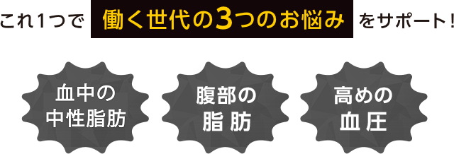 これ1つで働く世代の3つのお悩みをサポート！[中性脂肪][腹部の脂肪][高めの血圧]